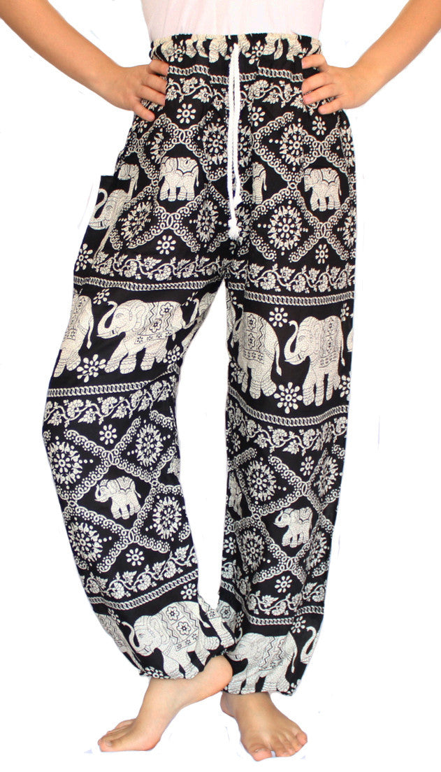 Black Elephant Harem Pants With Drawstring Waist - Bohemian Harem